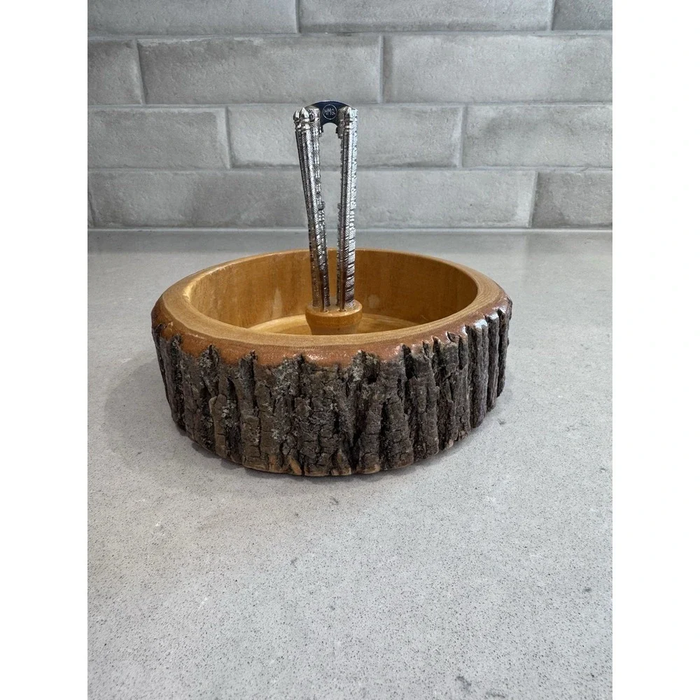Ellwood Rusticware Vintage Wood Nut Bowl With Nutcracker And 4 Picks